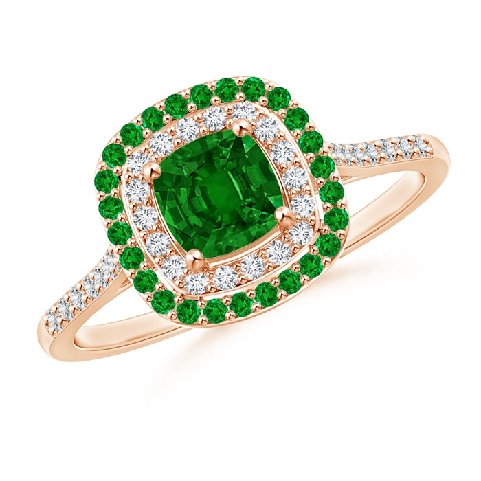 5mm AAAA Emerald and Diamond Double Halo Ring in Rose Gold