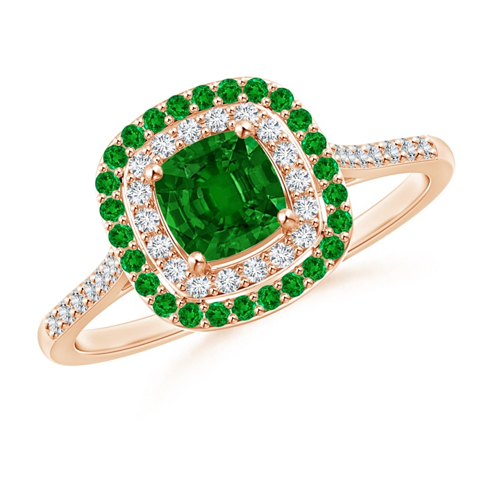 5mm AAAA Emerald and Diamond Double Halo Ring in Rose Gold 