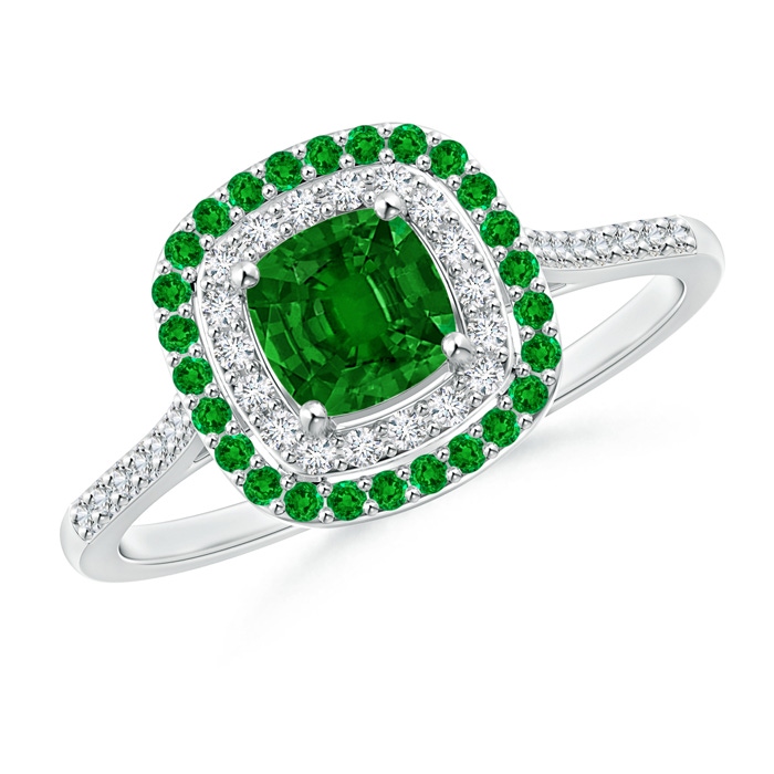 5mm AAAA Emerald and Diamond Double Halo Ring in White Gold
