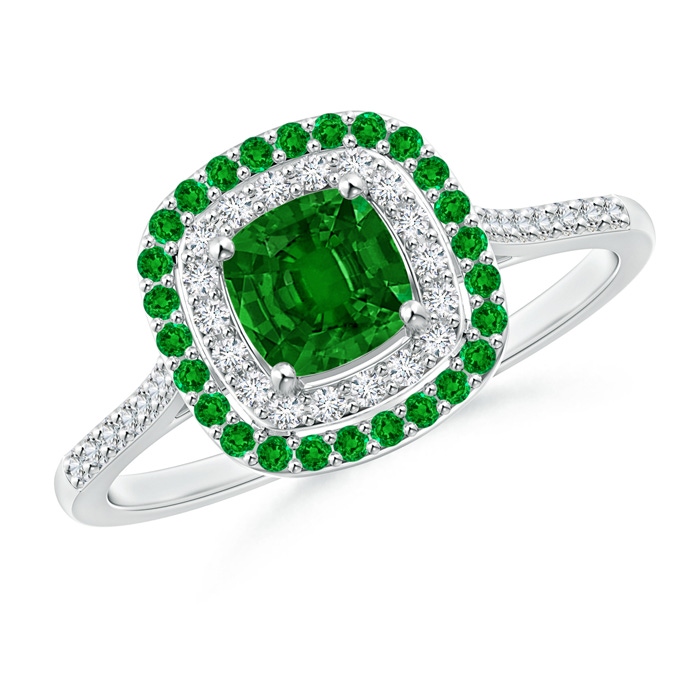 5mm AAAA Emerald and Diamond Double Halo Ring in White Gold 