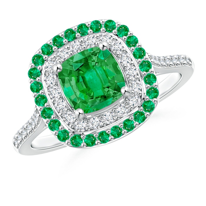 6mm AAA Emerald and Diamond Double Halo Ring in White Gold 