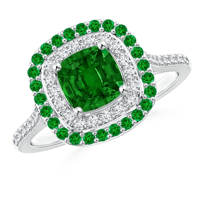 6mm AAAA Emerald and Diamond Double Halo Ring in P950 Platinum 