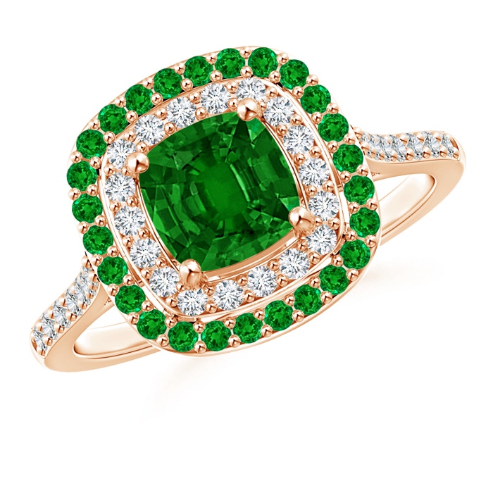 6mm AAAA Emerald and Diamond Double Halo Ring in Rose Gold 