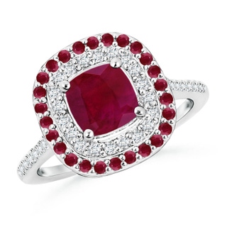 6mm A Ruby and Diamond Double Halo Ring in White Gold