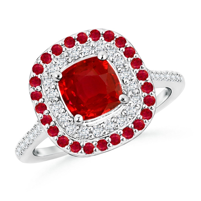 6mm AAA Ruby and Diamond Double Halo Ring in White Gold