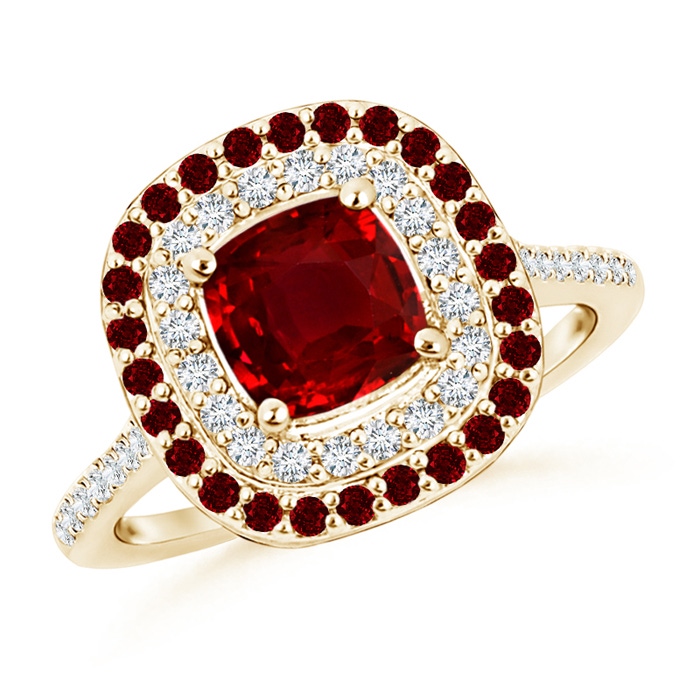 6mm AAAA Ruby and Diamond Double Halo Ring in Yellow Gold