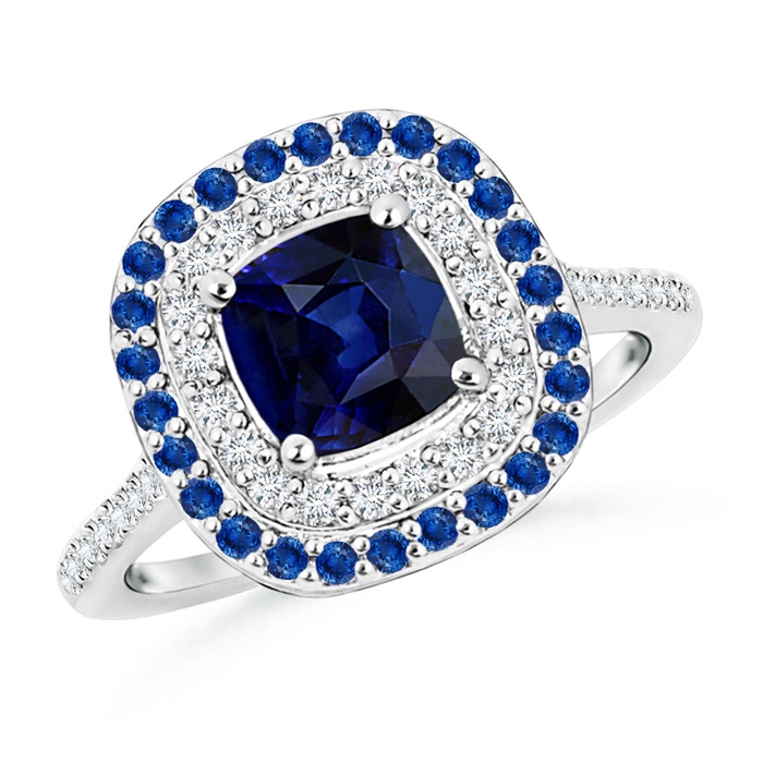 6mm AAA Sapphire and Diamond Double Halo Ring in White Gold 