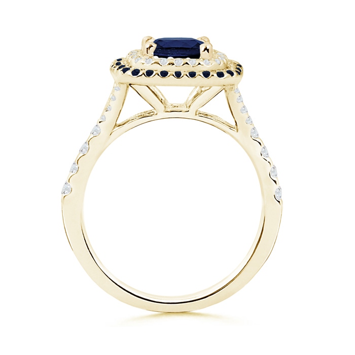 6.5mm A Blue Sapphire and Diamond Double Halo Ring in Yellow Gold product image