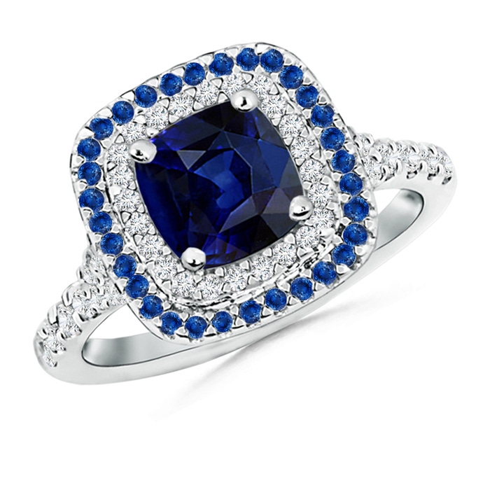 6.5mm AAA Blue Sapphire and Diamond Double Halo Ring in White Gold 