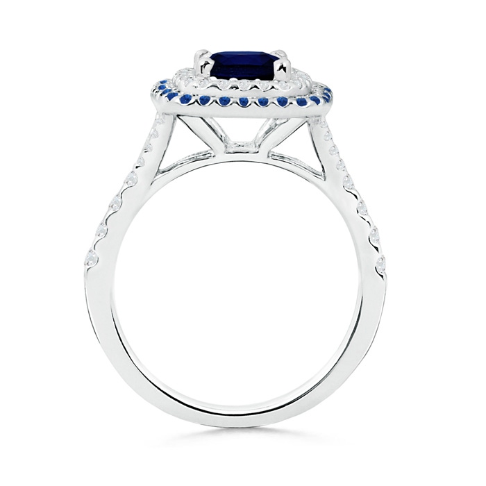 6.5mm AAA Blue Sapphire and Diamond Double Halo Ring in White Gold product image