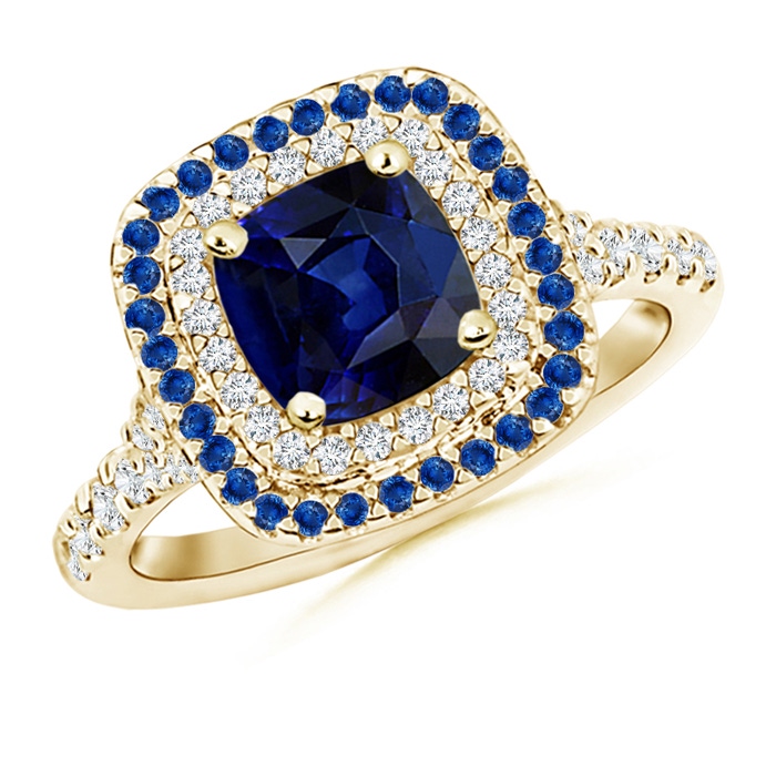 6.5mm AAA Blue Sapphire and Diamond Double Halo Ring in Yellow Gold 