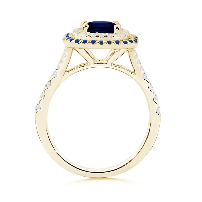 6.5mm AAA Blue Sapphire and Diamond Double Halo Ring in Yellow Gold product image