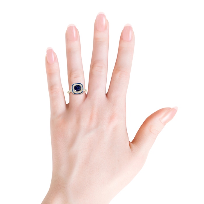 6.5mm AAA Blue Sapphire and Diamond Double Halo Ring in Yellow Gold product image