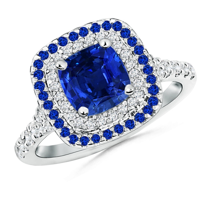 6.5mm AAAA Blue Sapphire and Diamond Double Halo Ring in P950 Platinum 