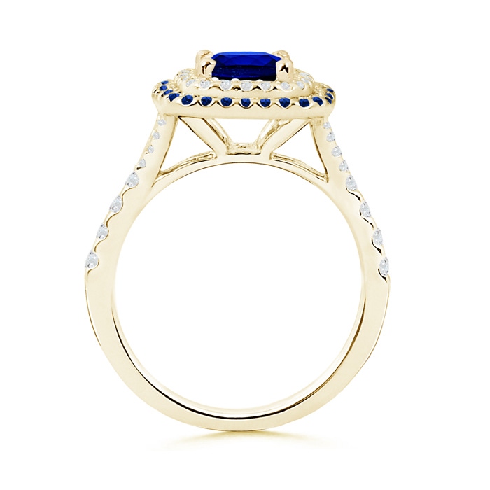 6.5mm AAAA Blue Sapphire and Diamond Double Halo Ring in Yellow Gold product image