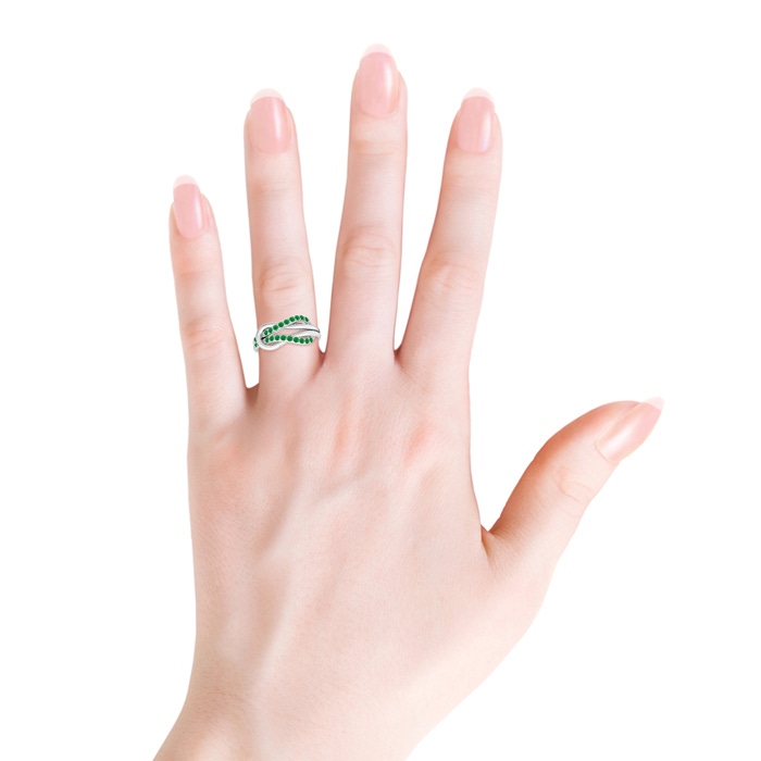 1.3mm AA Encrusted Emerald Infinity Love Knot Ring in P950 Platinum body-hand