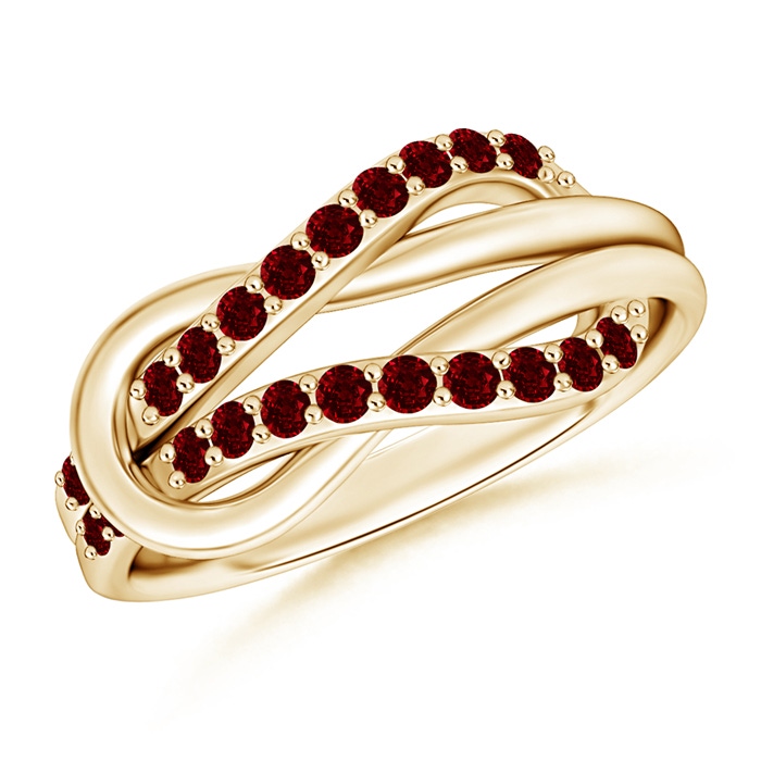 1.3mm AAAA Encrusted Ruby Infinity Love Knot Ring in Yellow Gold 