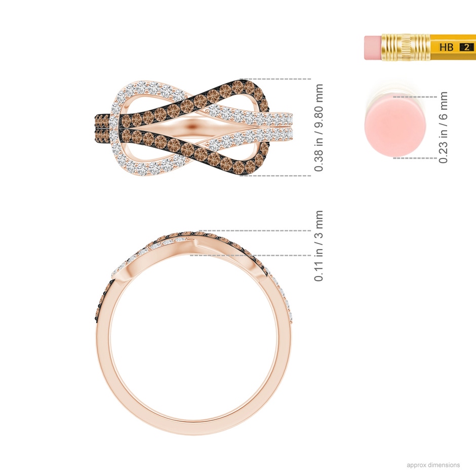 1.3mm AAA Encrusted Brown and White Diamond Infinity Knot Ring in Rose Gold ruler