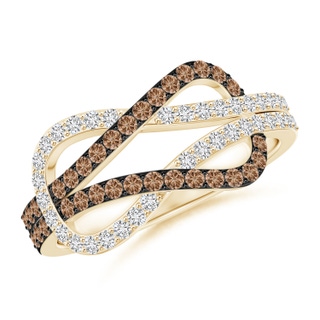 1.3mm AAA Encrusted Brown and White Diamond Infinity Knot Ring in Yellow Gold