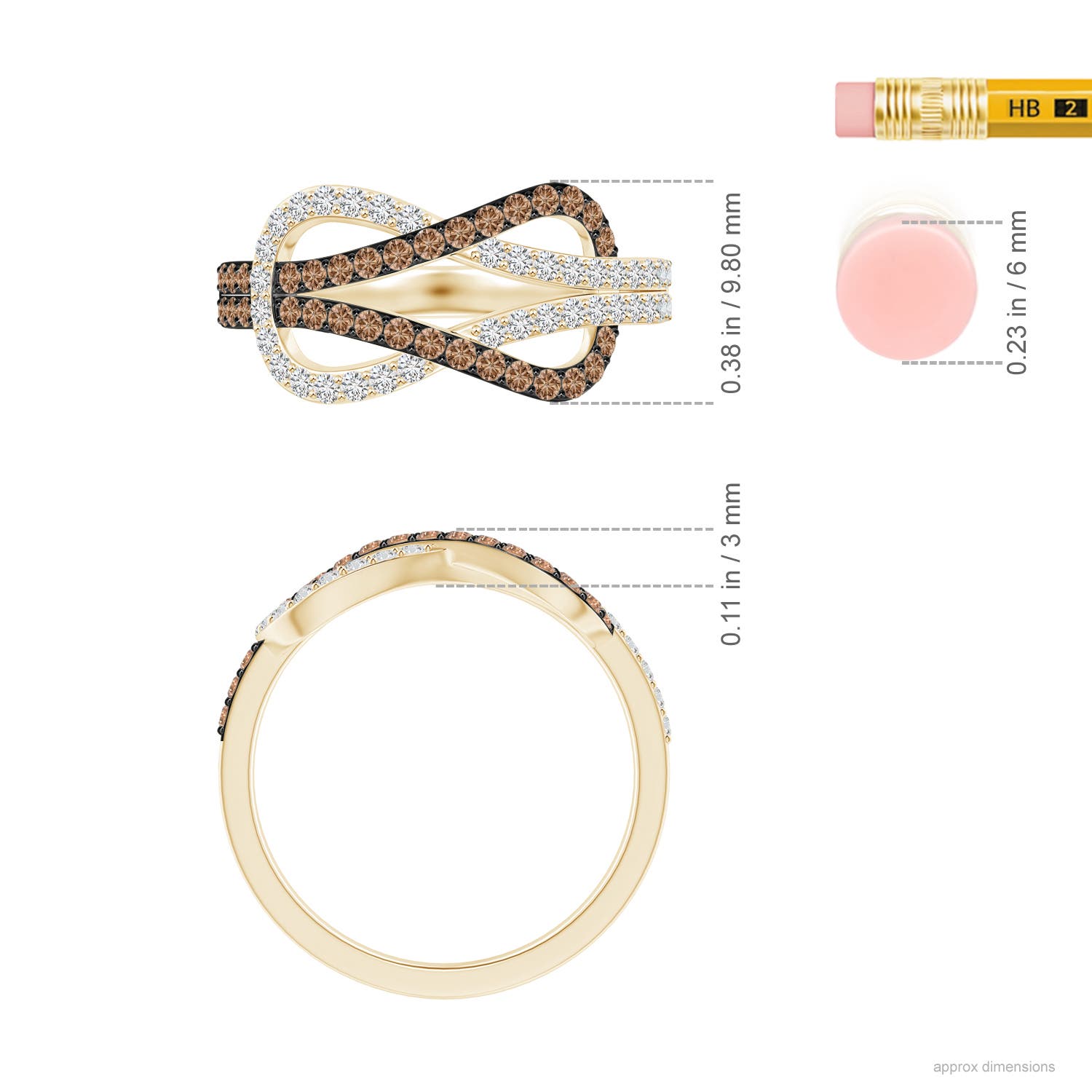 1.3mm AAA Encrusted Brown and White Diamond Infinity Knot Ring in Yellow Gold - ruler
