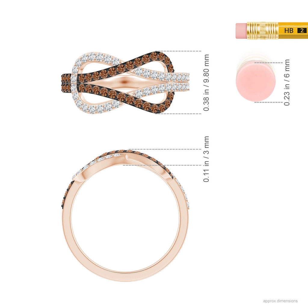 1.3mm AAAA Encrusted Brown and White Diamond Infinity Knot Ring in Rose Gold Ruler