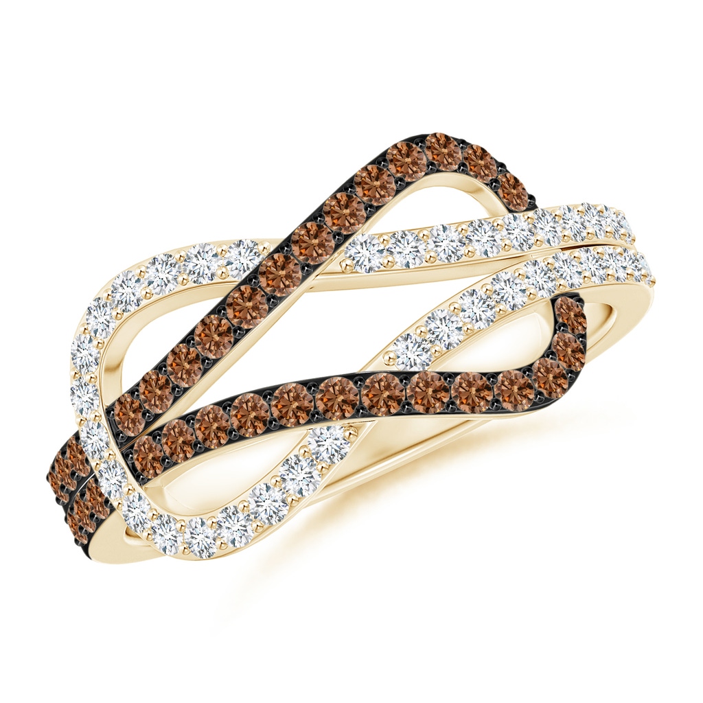 1.3mm AAAA Encrusted Brown and White Diamond Infinity Knot Ring in Yellow Gold