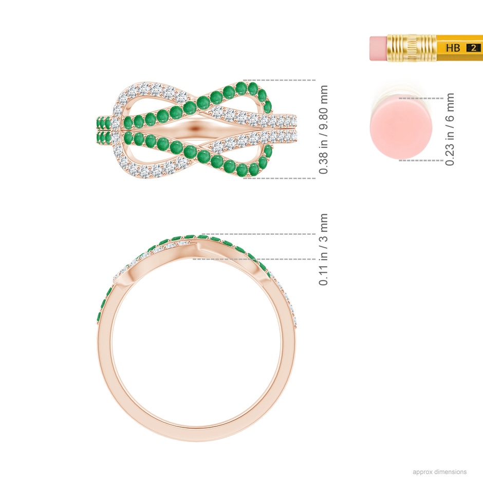1.3mm A Encrusted Emerald and Diamond Infinity Knot Ring in Rose Gold ruler