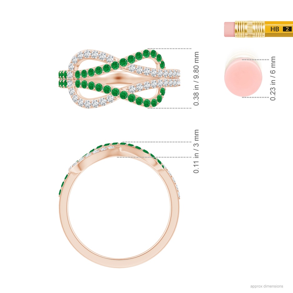 1.3mm AA Encrusted Emerald and Diamond Infinity Knot Ring in Rose Gold ruler
