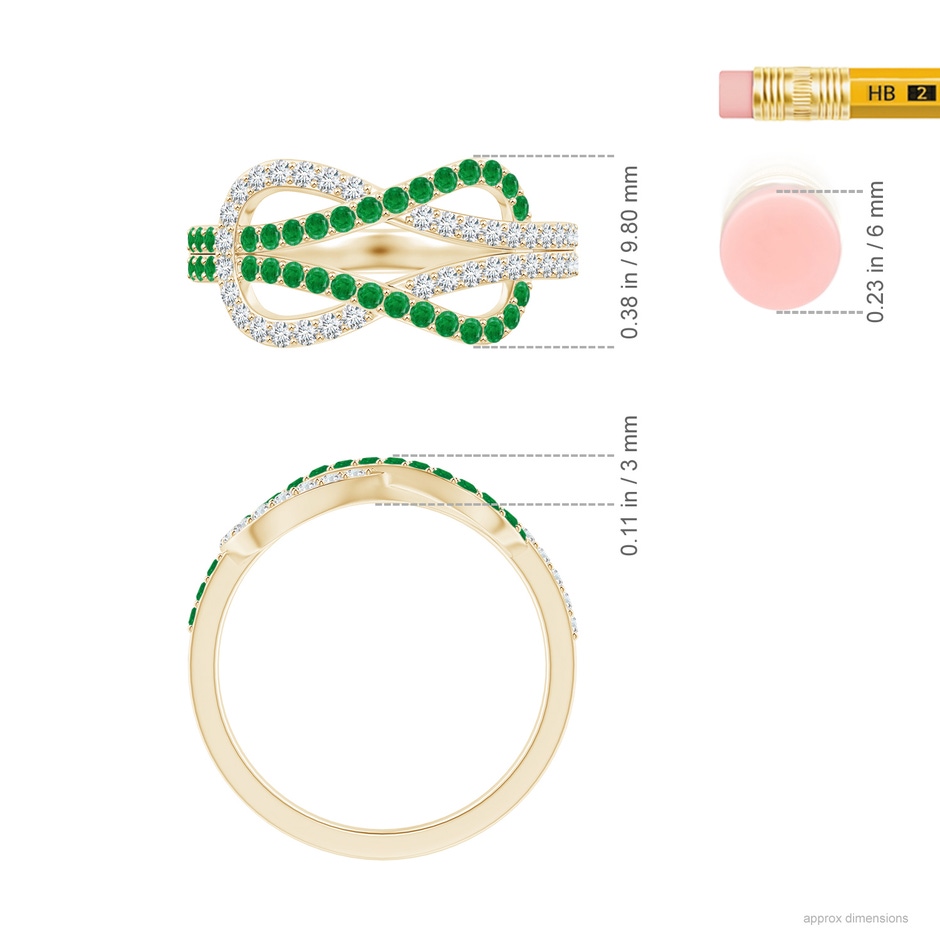 1.3mm AA Encrusted Emerald and Diamond Infinity Knot Ring in Yellow Gold ruler