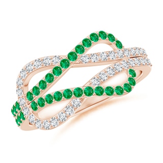1.3mm AAA Encrusted Emerald and Diamond Infinity Knot Ring in 9K Rose Gold