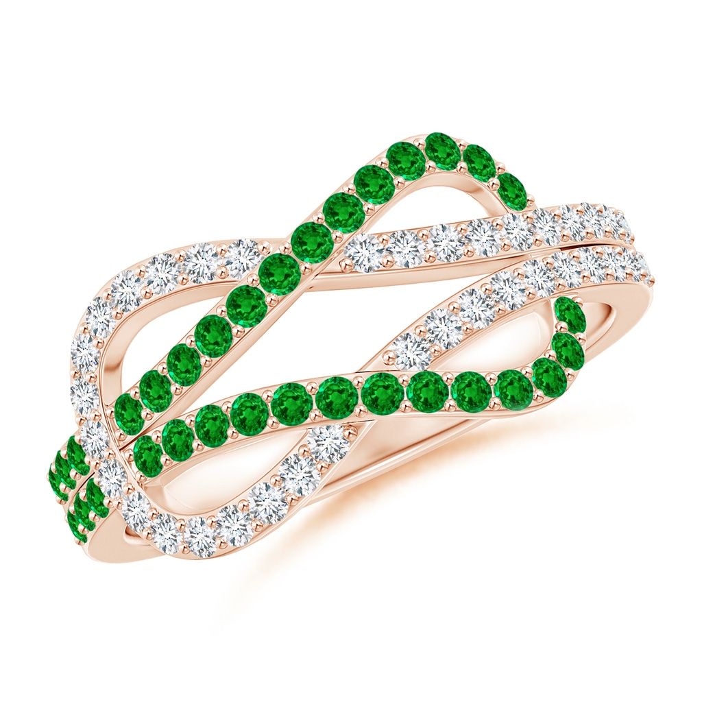 1.3mm AAAA Encrusted Emerald and Diamond Infinity Knot Ring in Rose Gold