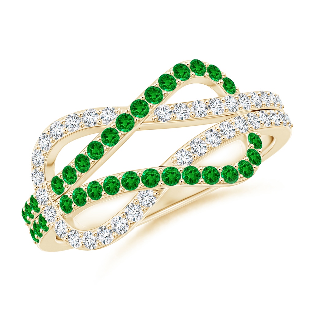 1.3mm AAAA Encrusted Emerald and Diamond Infinity Knot Ring in Yellow Gold