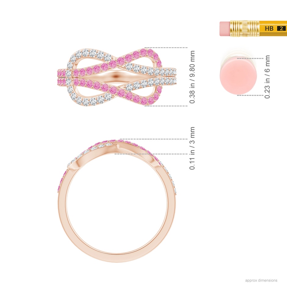 1.3mm A Encrusted Pink Sapphire and Diamond Infinity Knot Ring in Rose Gold ruler