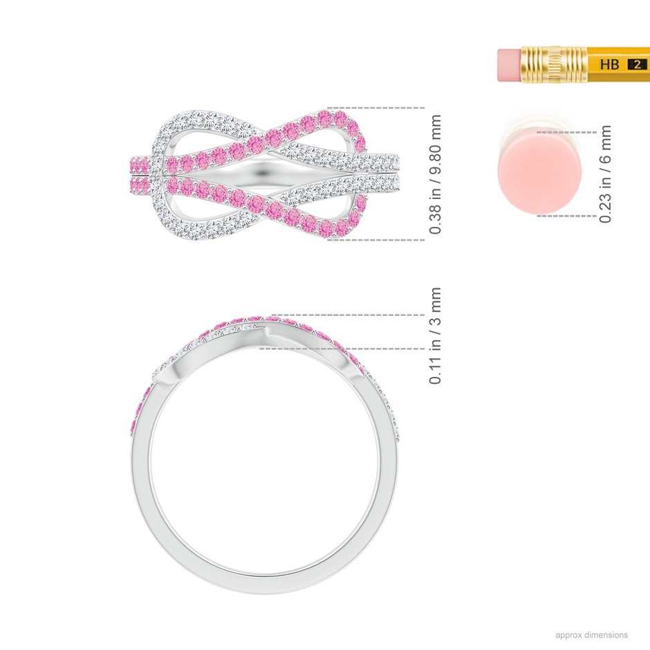 1.3mm A Encrusted Pink Sapphire and Diamond Infinity Knot Ring in White Gold ruler