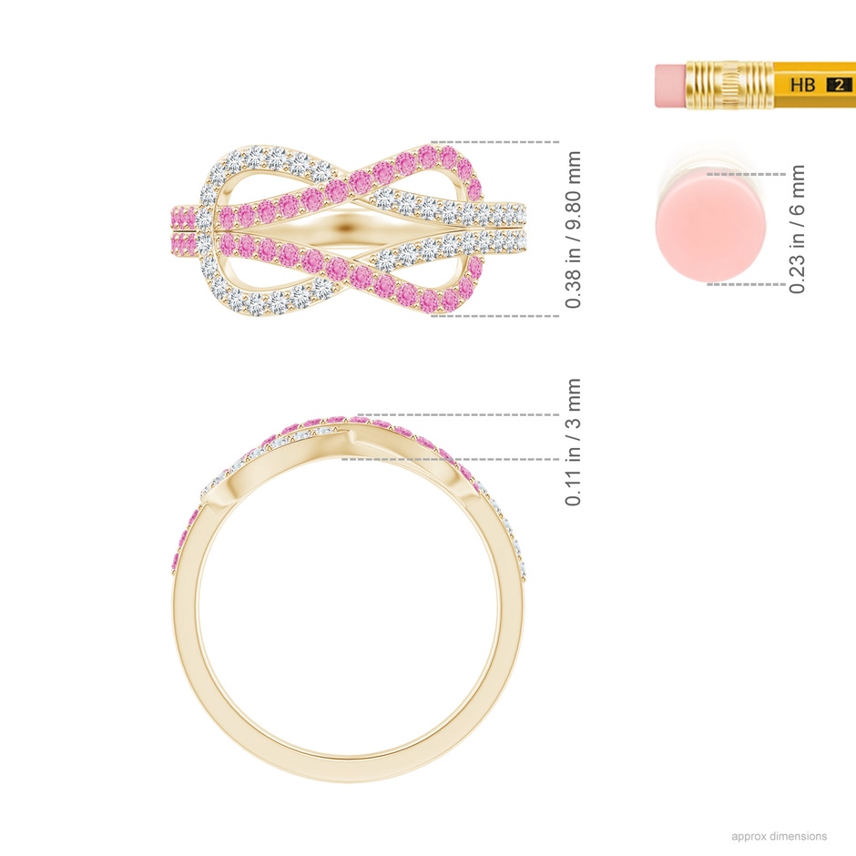 1.3mm A Encrusted Pink Sapphire and Diamond Infinity Knot Ring in Yellow Gold ruler