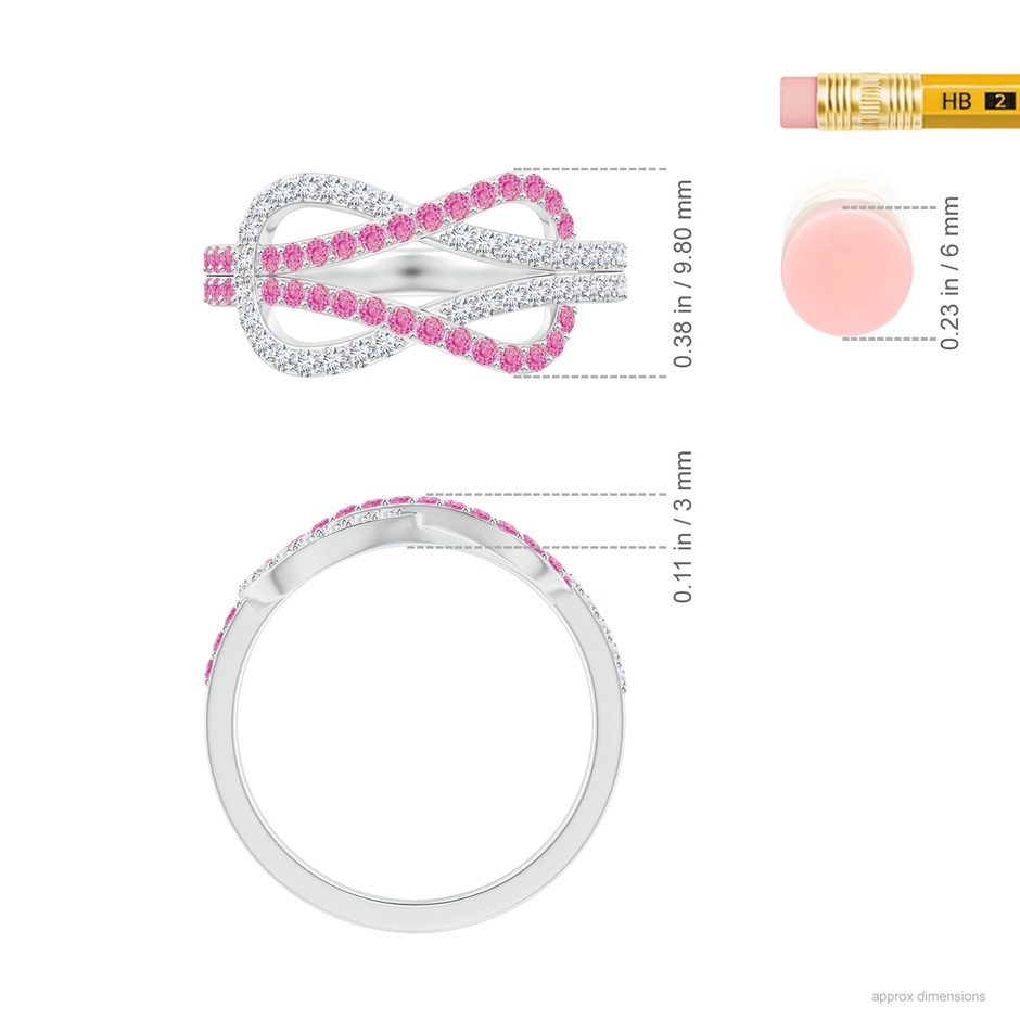 1.3mm AA Encrusted Pink Sapphire and Diamond Infinity Knot Ring in White Gold ruler
