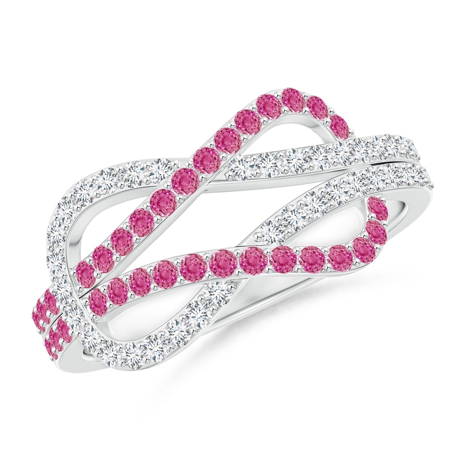 1.3mm AAA Encrusted Pink Sapphire and Diamond Infinity Knot Ring in White Gold 