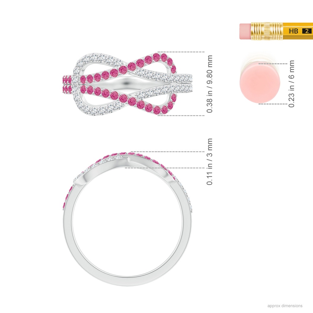 1.3mm AAA Encrusted Pink Sapphire and Diamond Infinity Knot Ring in White Gold Ruler
