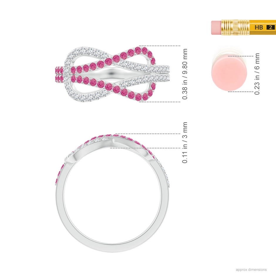 1.3mm AAA Encrusted Pink Sapphire and Diamond Infinity Knot Ring in White Gold ruler