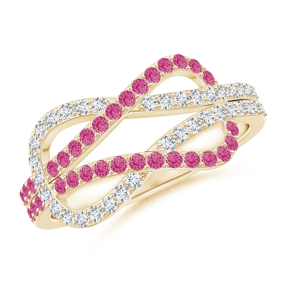 1.3mm AAA Encrusted Pink Sapphire and Diamond Infinity Knot Ring in Yellow Gold 