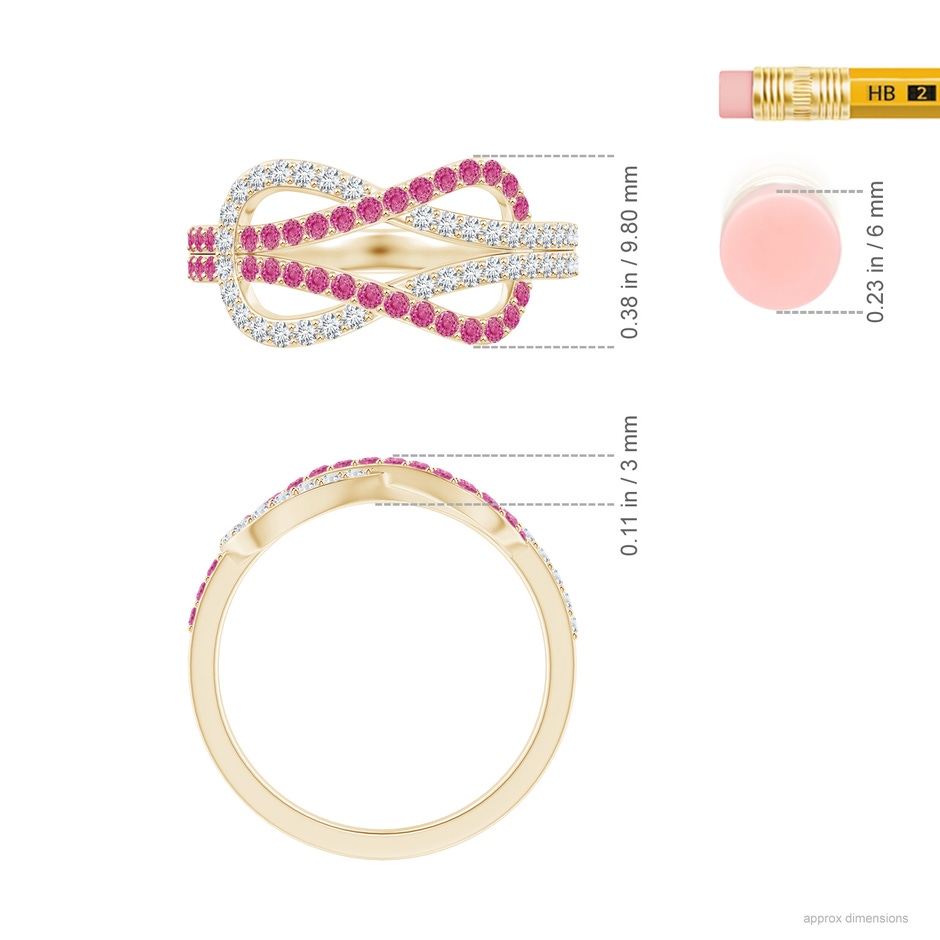 1.3mm AAA Encrusted Pink Sapphire and Diamond Infinity Knot Ring in Yellow Gold ruler