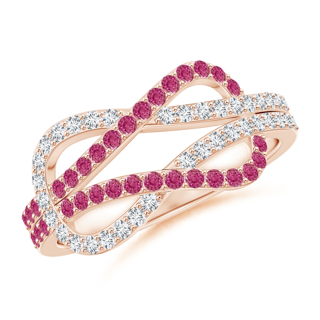 1.3mm AAAA Encrusted Pink Sapphire and Diamond Infinity Knot Ring in Rose Gold