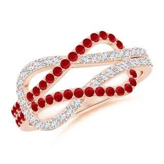 1.3mm AAA Encrusted Ruby and Diamond Infinity Knot Ring in 9K Rose Gold