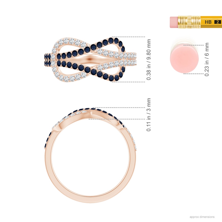 1.3mm A Encrusted Blue Sapphire and Diamond Infinity Knot Ring in Rose Gold Ruler
