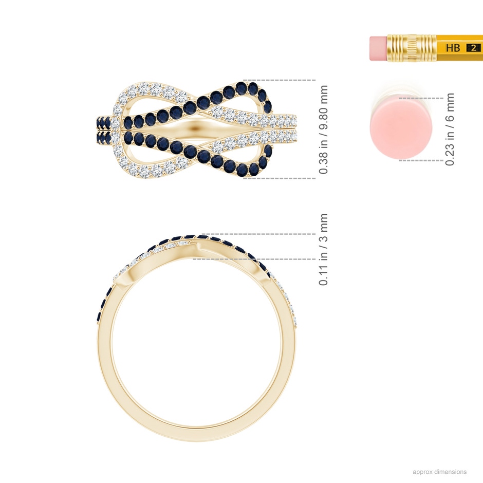 1.3mm A Encrusted Blue Sapphire and Diamond Infinity Knot Ring in Yellow Gold Ruler