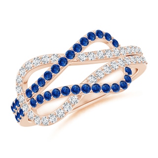 1.3mm AAA Encrusted Blue Sapphire and Diamond Infinity Knot Ring in 9K Rose Gold