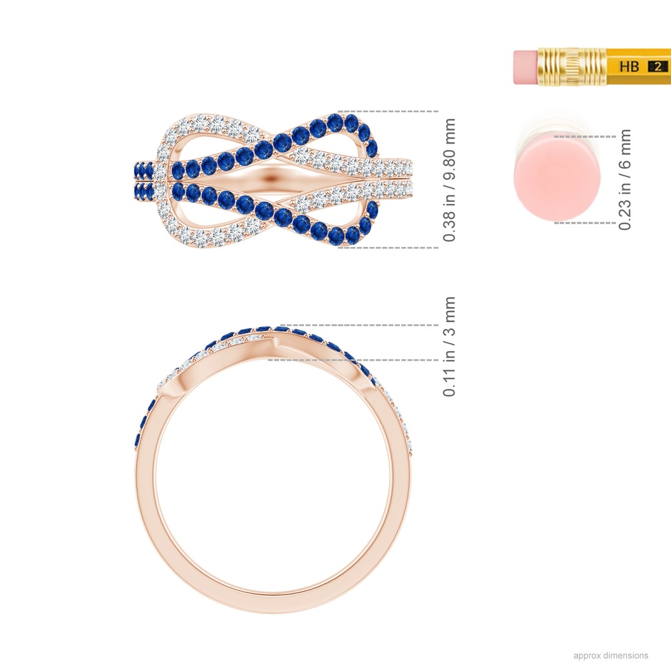 1.3mm AAA Encrusted Blue Sapphire and Diamond Infinity Knot Ring in Rose Gold Ruler
