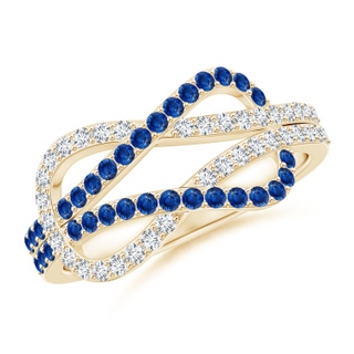 1.3mm AAA Encrusted Blue Sapphire and Diamond Infinity Knot Ring in Yellow Gold