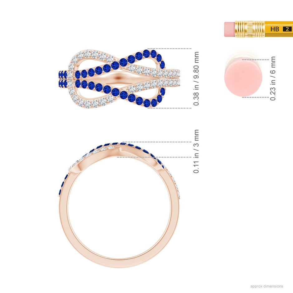 1.3mm AAAA Encrusted Blue Sapphire and Diamond Infinity Knot Ring in Rose Gold Ruler