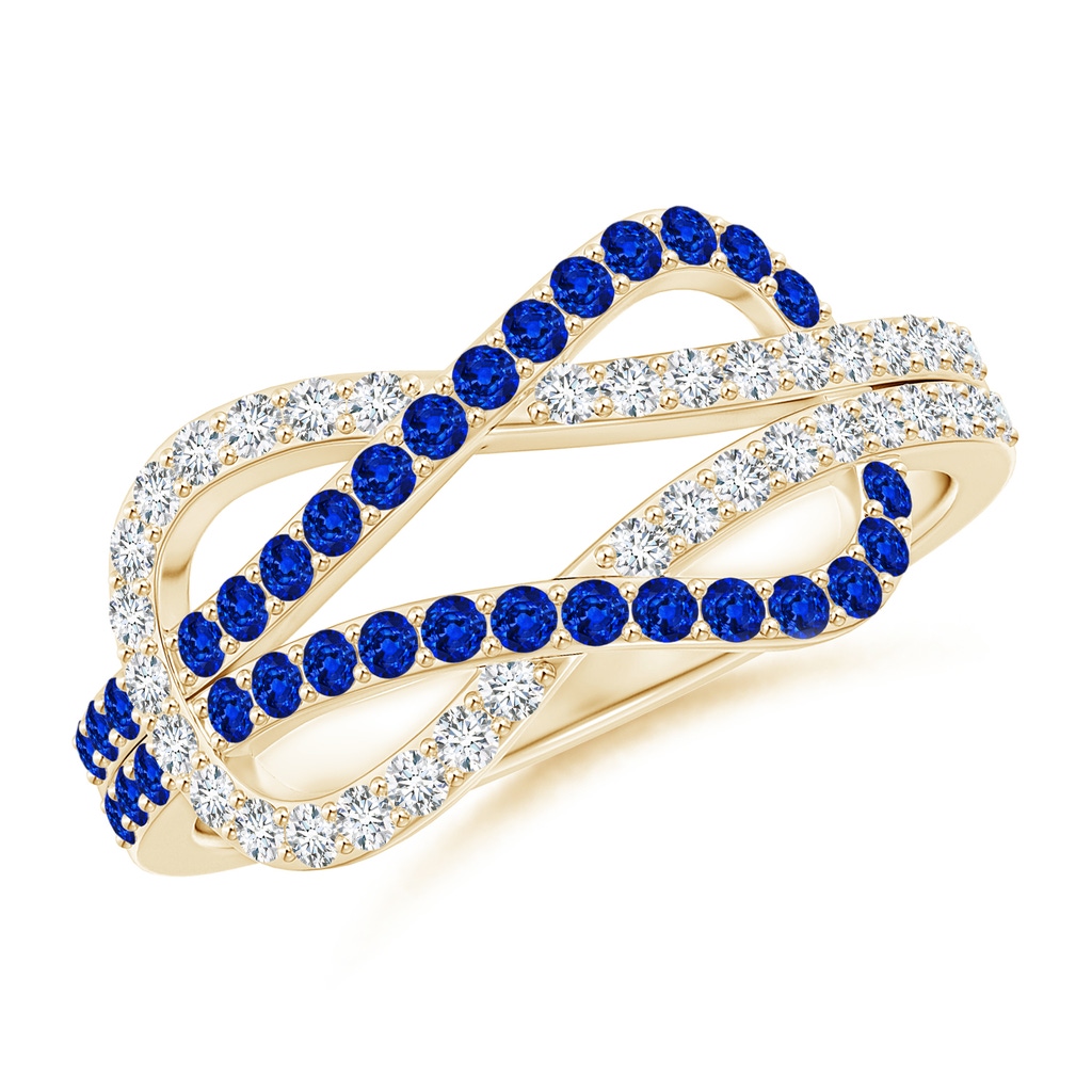 1.3mm AAAA Encrusted Blue Sapphire and Diamond Infinity Knot Ring in Yellow Gold